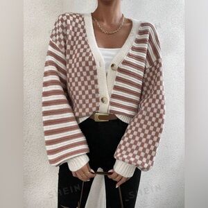Checker Pattern Drop Shoulder Cardigan